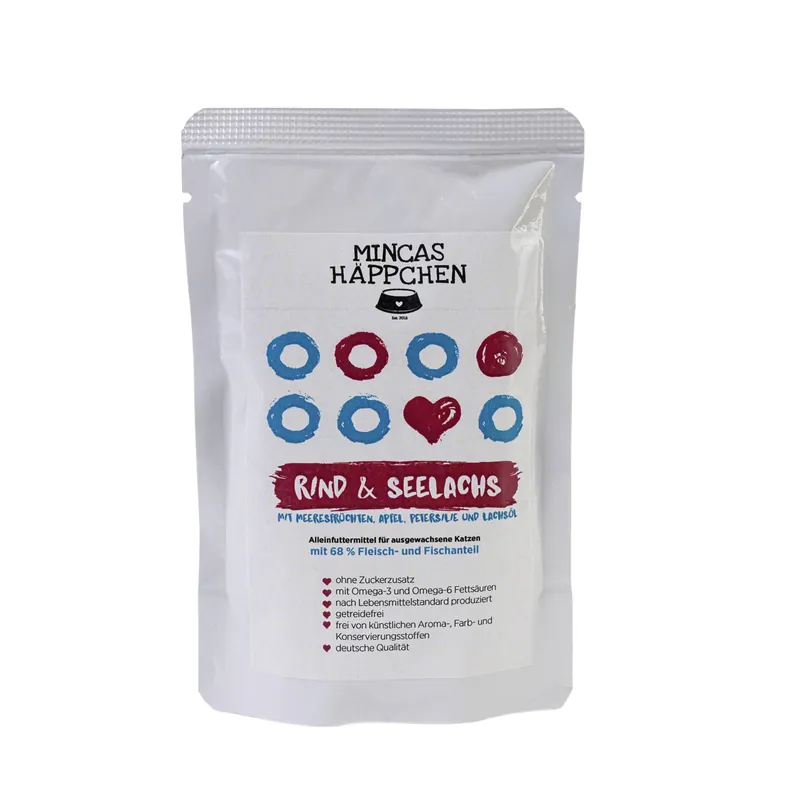 Sparpaket 24 x 95 g Mincas Häppchen Rind & Seelachs mit Meeresfrüchten, Apfel, Petersilie und Lachsöl Katzen Nassfutter Aktuell